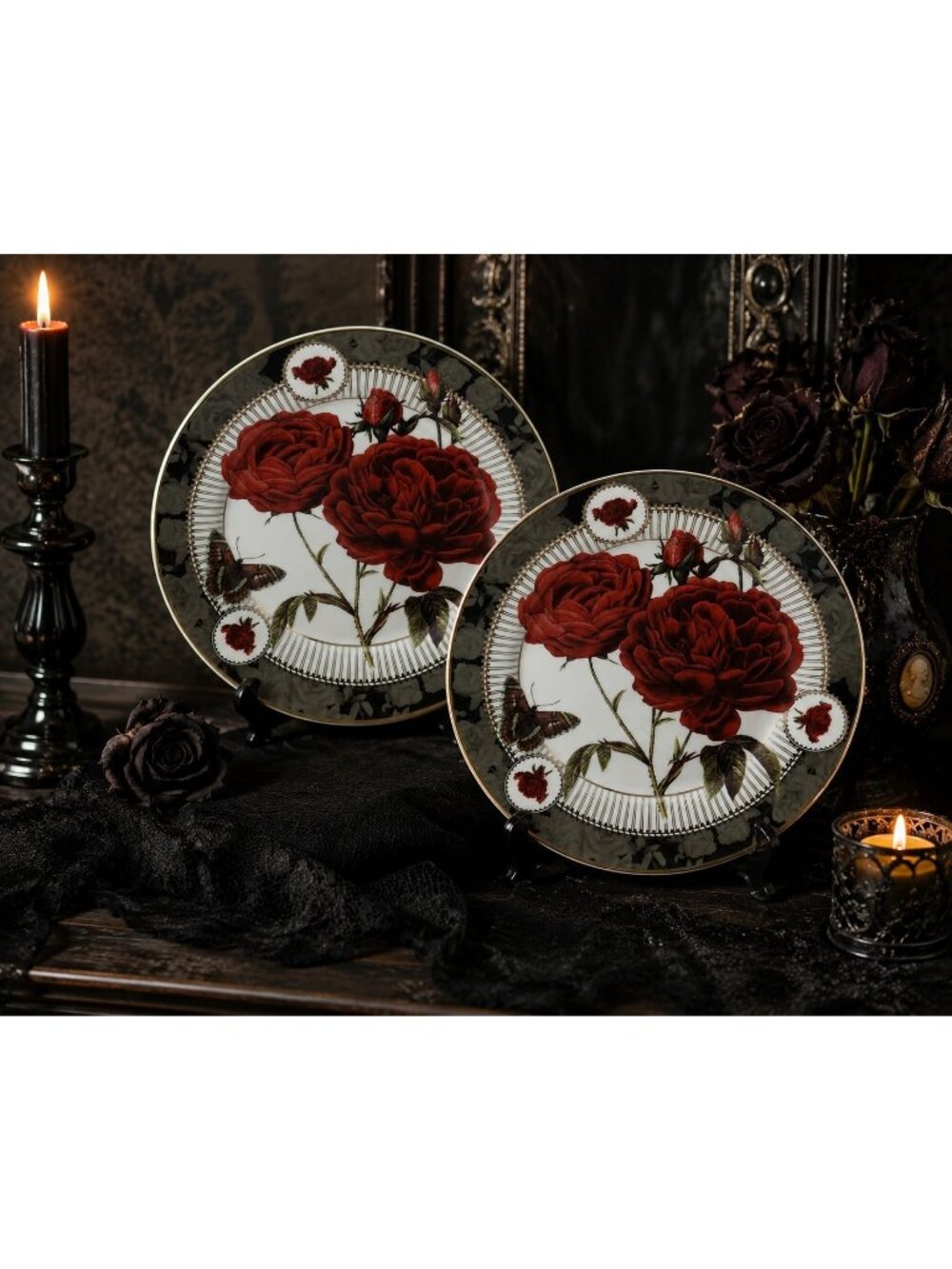2 New Gothic Red Rose Moth 8" Salad Desert Plates Grace Teaware Black Trim